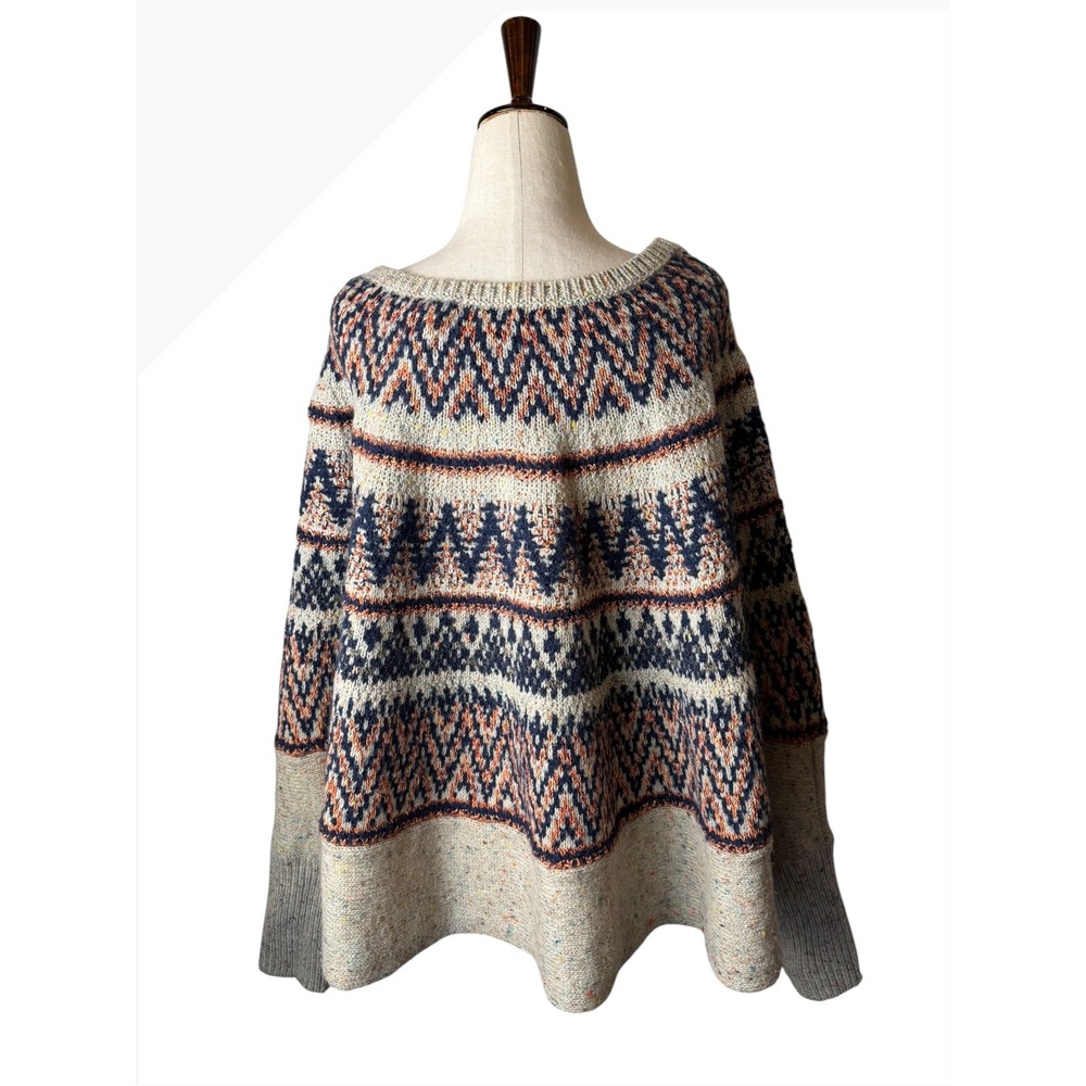 Anthropologie Sleeping On Snow Sweater Poncho Women Medium Beige Fair Isle Wool - Picture 6 of 12